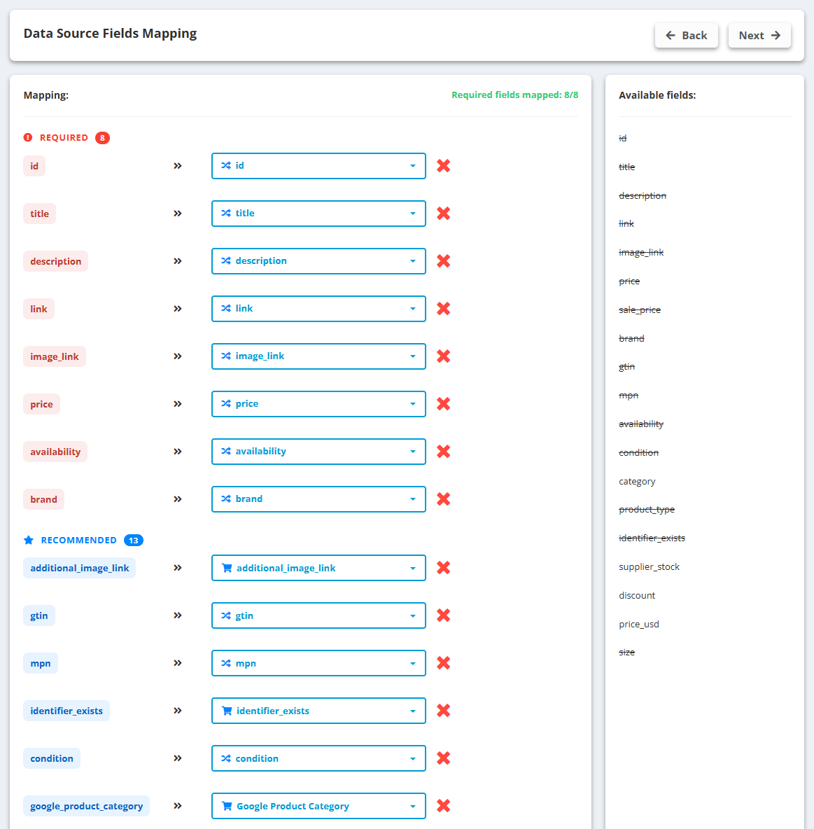 AI-Optimized Feed wizard, step 2 Data Source Fields Mapping on the Demo store source: Required fields mapped 8/8 - id, title, description, link, image_link, price, availability, brand; Recommended - additional_image_link, gtin, mpn, identifier_exists, condition and google_product_category (Google Product Category); Available fields on the right