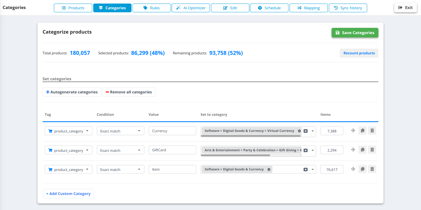 PPCDATAFEED Categories tab: category rules - product_category Exact match Currency, GiftCard, Item - each set to a Google product category, with the number of items per category and 86,299 of 180,057 products selected