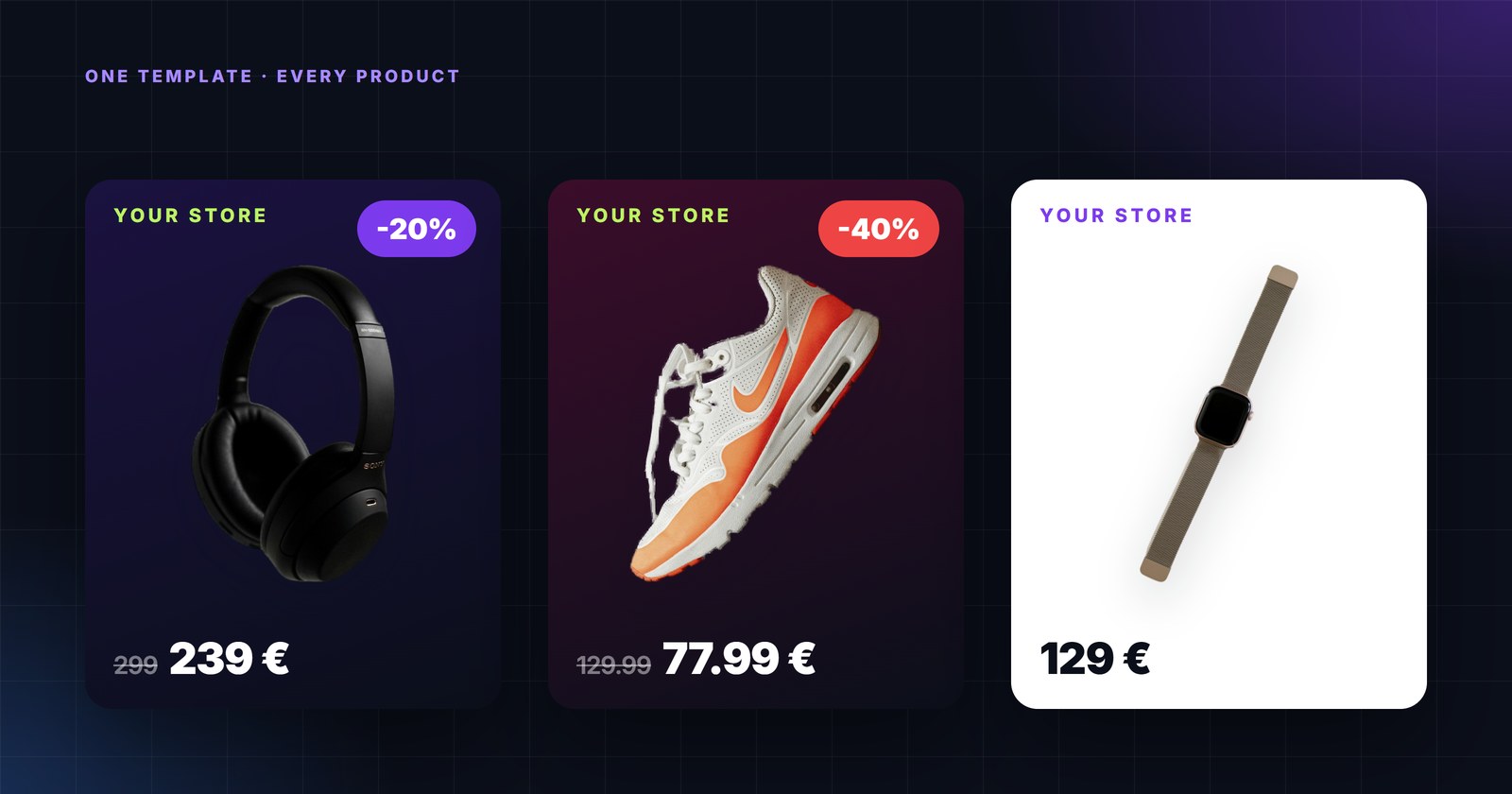 A strip of automatically generated product creatives - different products, prices and discounts from one template
