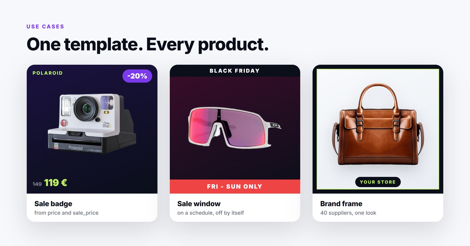 Use cases for automatic product creatives: sale badge from price and sale price, seasonal frame on a schedule, bestseller badge from labels, brand frame for supplier catalogs, size and availability info, multi-language text