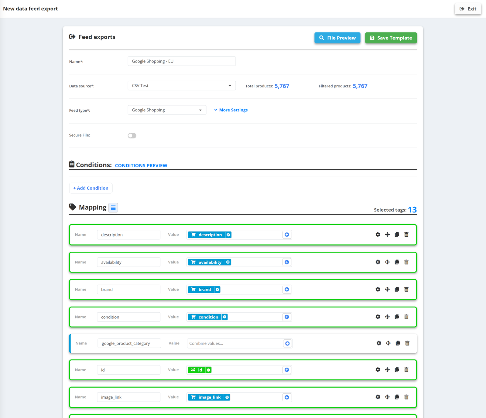 PPCDATAFEED feed export “Google Shopping - EU”: data source CSV Test (5,767 products), feed type Google Shopping, 13 mapped fields - description, availability, brand, condition, google_product_category, id, image_link…, file preview