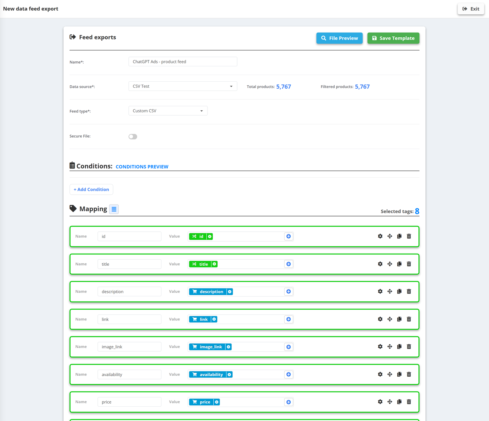 PPCDATAFEED: a new feed export for ChatGPT Ads - name “ChatGPT Ads - product feed”, data source CSV Test (5,767 products), feed type Custom CSV, mapping with the eight required columns id, title, description, link, image_link, availability, price, brand