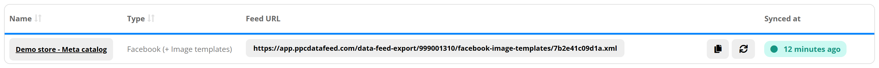 The Meta export in PPCDATAFEED: a Facebook export with image templates on the Demo store catalog and the one feed URL you paste into your Meta catalog