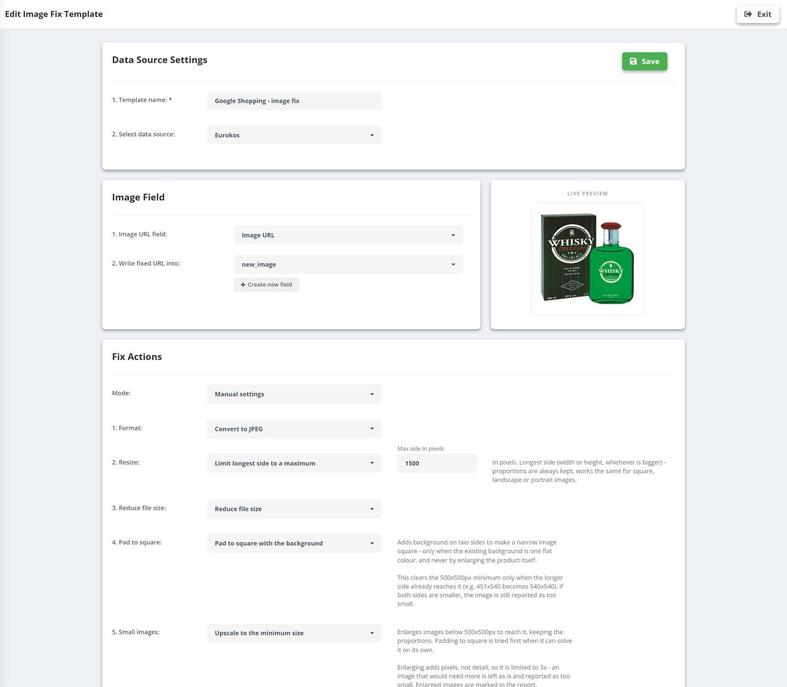 PPCDATAFEED Image Fix template: data source, image URL field and output field new_image, live preview, fix actions - Convert to JPEG, limit longest side to 1500 px, Reduce file size, Pad to square with the background, Upscale to the minimum size
