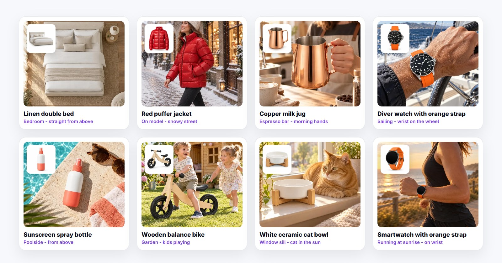 Eight products from different categories with their product photos and the lifestyle pictures drawn from them: a linen double bed from above, a red puffer jacket on a snowy street, a copper milk jug at an espresso bar, a diver watch on a wrist at a boat’s wheel, a sunscreen spray bottle by a pool, a wooden balance bike in a garden, a white ceramic cat bowl on a window sill with a cat, a smartwatch on a runner’s wrist at sunrise