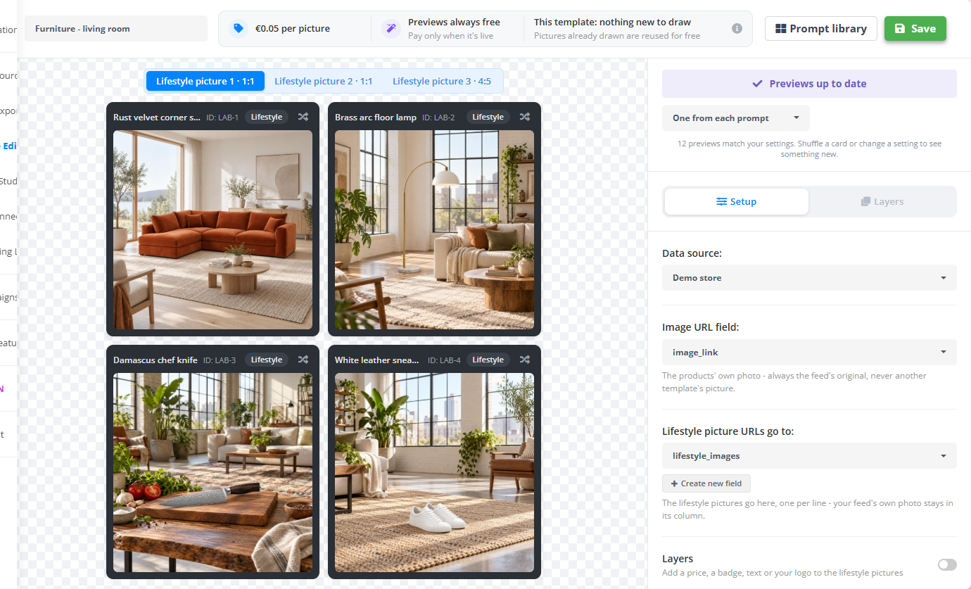 PPCDATAFEED Lifestyle images template on the Demo store catalog: free previews of a rust velvet corner sofa, a brass arc floor lamp, a chef knife and white leather sneakers, each drawn in a sunlit living room, with the setup panel on the right