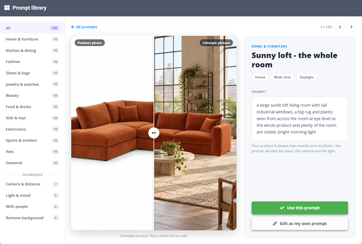 The Prompt library in PPCDATAFEED: the scene Sunny loft - the whole room, with a slider between the product photo of a rust velvet corner sofa and the lifestyle picture, the prompt text and the buttons Use this prompt and Edit as my own prompt