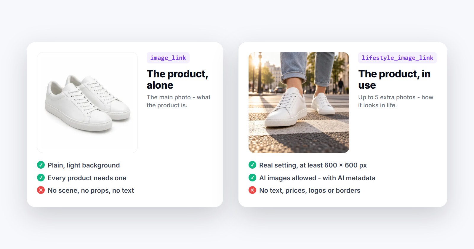 image_link: the product alone on a plain light background, every product needs one, no scene or text; lifestyle_image_link: the product in use in a real setting, at least 600 × 600 px, AI images allowed with AI metadata, no text, prices, logos or borders
