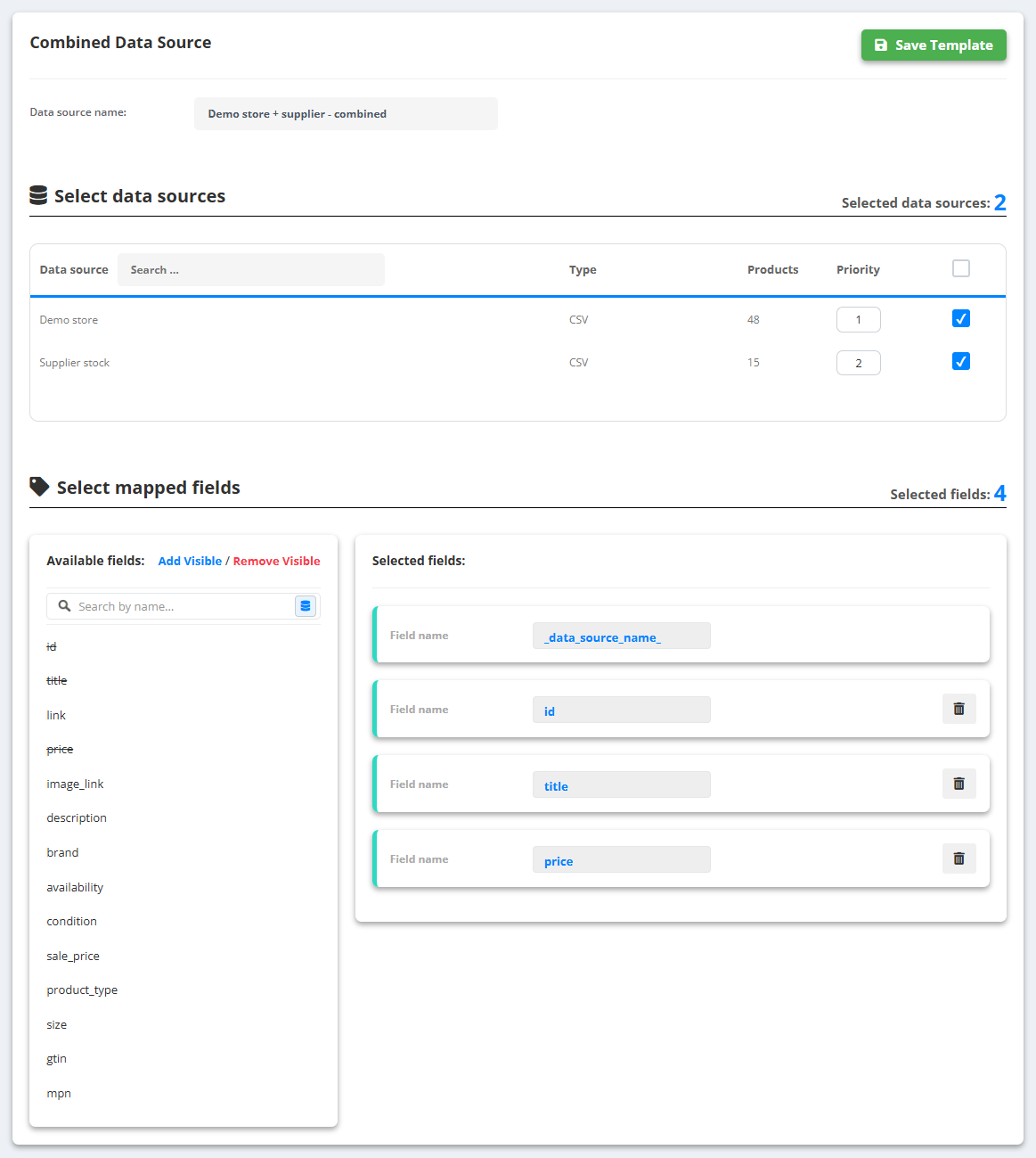 Combined Data Source “Demo store + supplier - combined”: Demo store (CSV, 48 products) with priority 1 and Supplier stock (CSV, 15 products) with priority 2 ticked; Select mapped fields - Available fields on the left, Selected fields _data_source_name_, id, title and price on the right