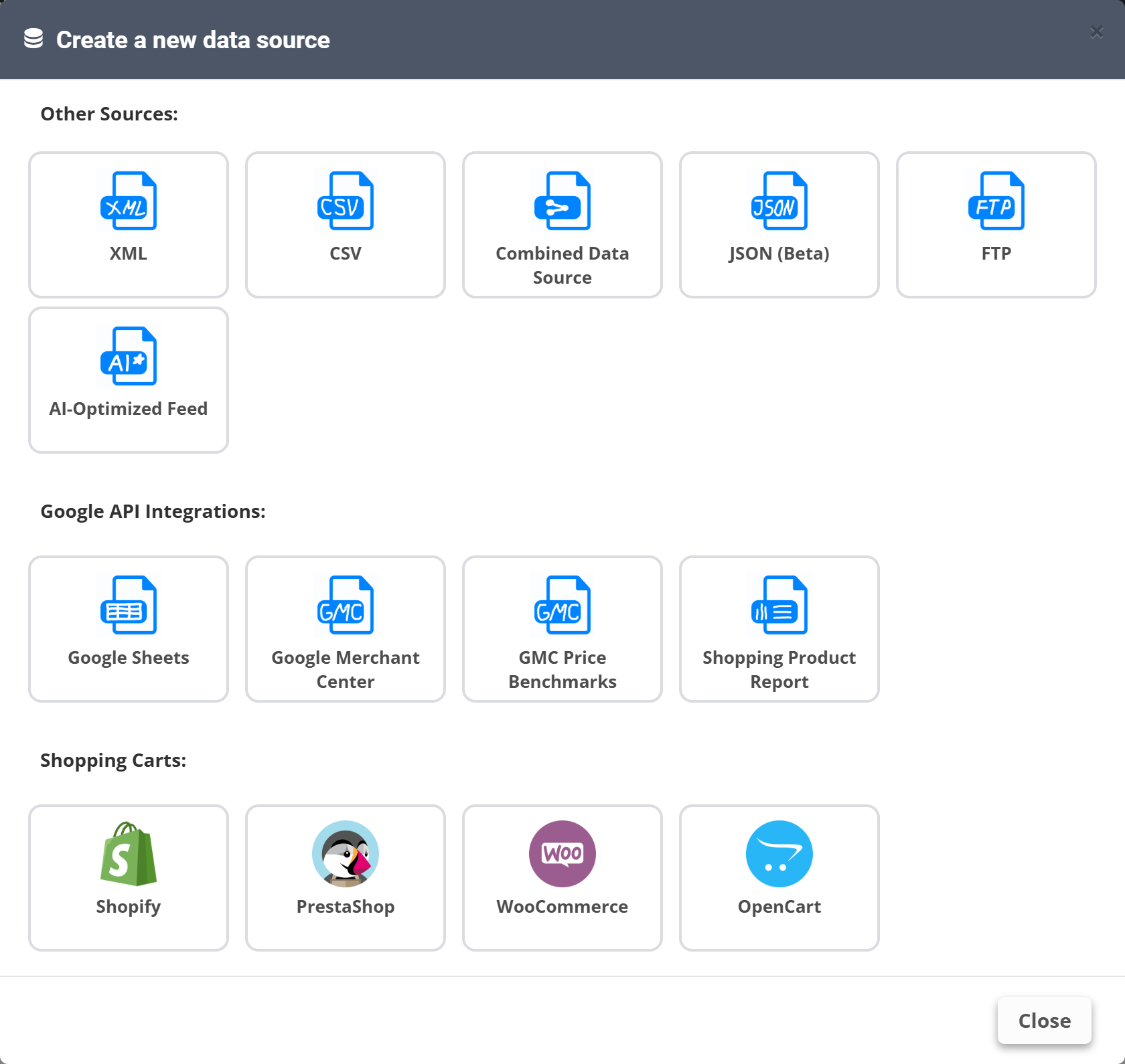 Create a new data source dialog: XML, CSV, Combined, JSON, FTP, AI-Optimized Feed, Google Sheets, Merchant Center, GMC Price Benchmarks, Shopping Product Report, Shopify, PrestaShop, WooCommerce, OpenCart