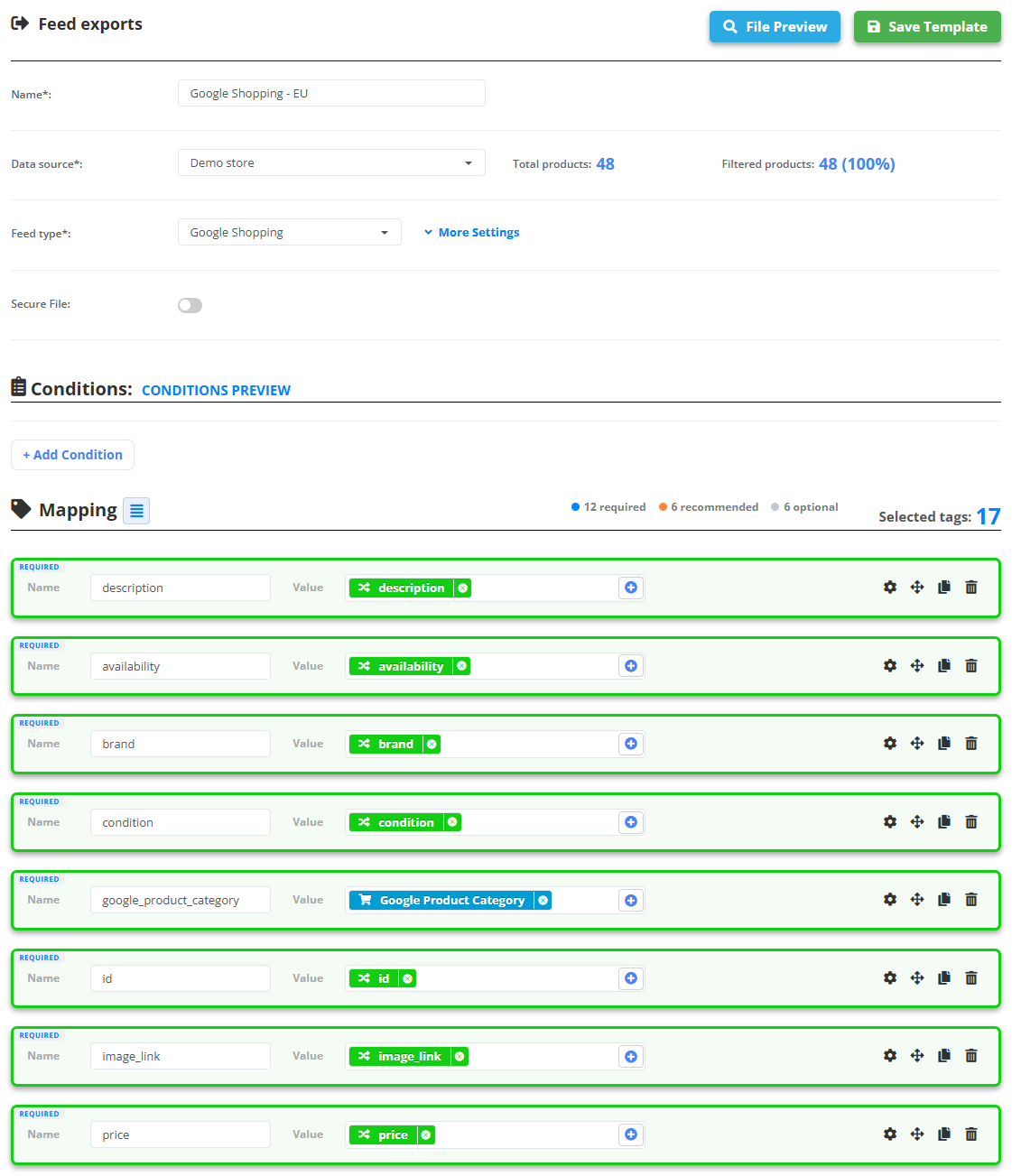 New feed export “Google Shopping - EU”: data source Demo store, Total products 48, Filtered products 48 (100%), feed type Google Shopping with More Settings, Secure File, Conditions with CONDITIONS PREVIEW and + Add Condition; Mapping - 12 required, 6 recommended, 6 optional, 17 selected tags, the first rows description, availability, brand, condition, google_product_category (Google Product Category), id, image_link and price