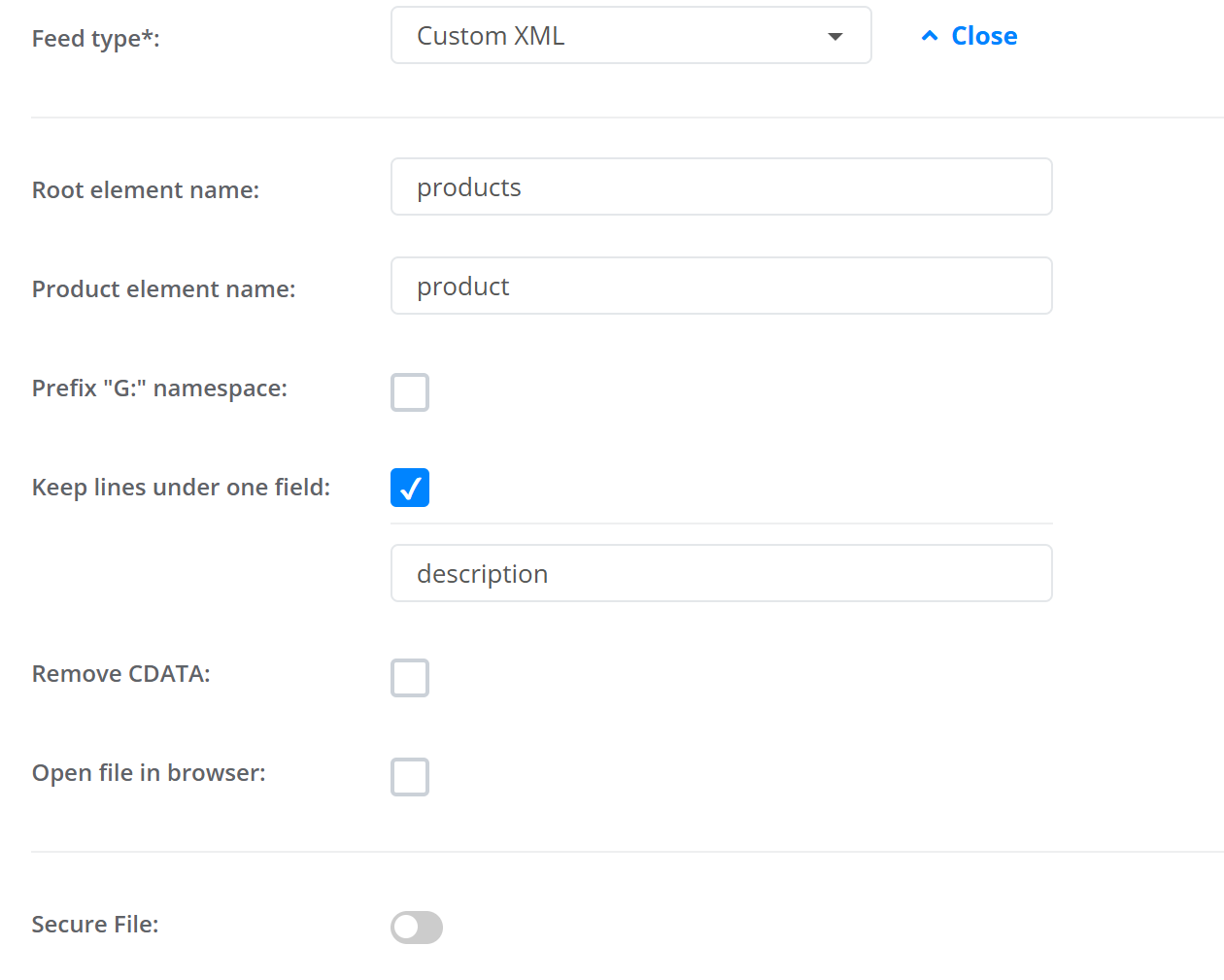 More Settings of a Custom XML export: root element name “products”, product element name “product”, the G: prefix unticked, Keep lines under one field ticked with “description”, Remove CDATA and Open file in browser unticked, Secure File off