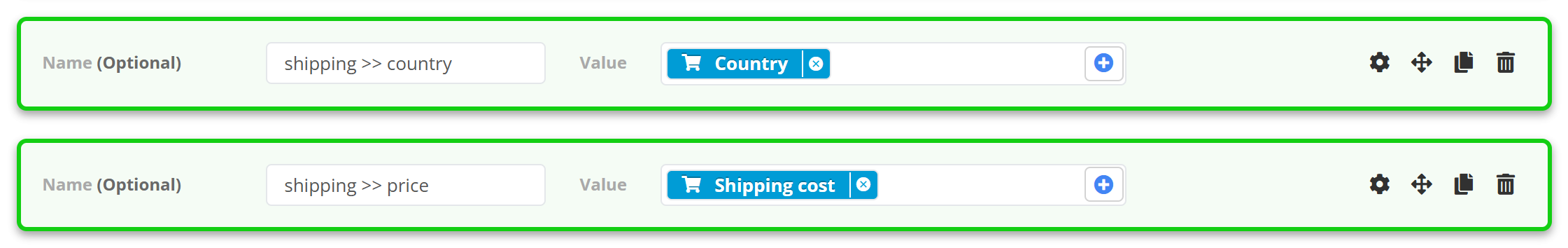 Two mapping rows in the export editor named “shipping >> country” and “shipping >> price”, each with a source field selected as the value