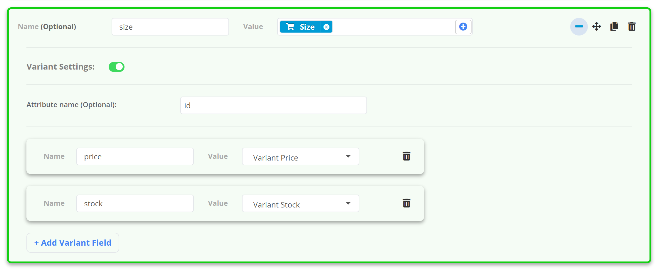 Mapping row “size” with Variant Settings switched on: attribute name “id” and two variant fields - “price” taking its values from Variant Price, “stock” from Variant Stock