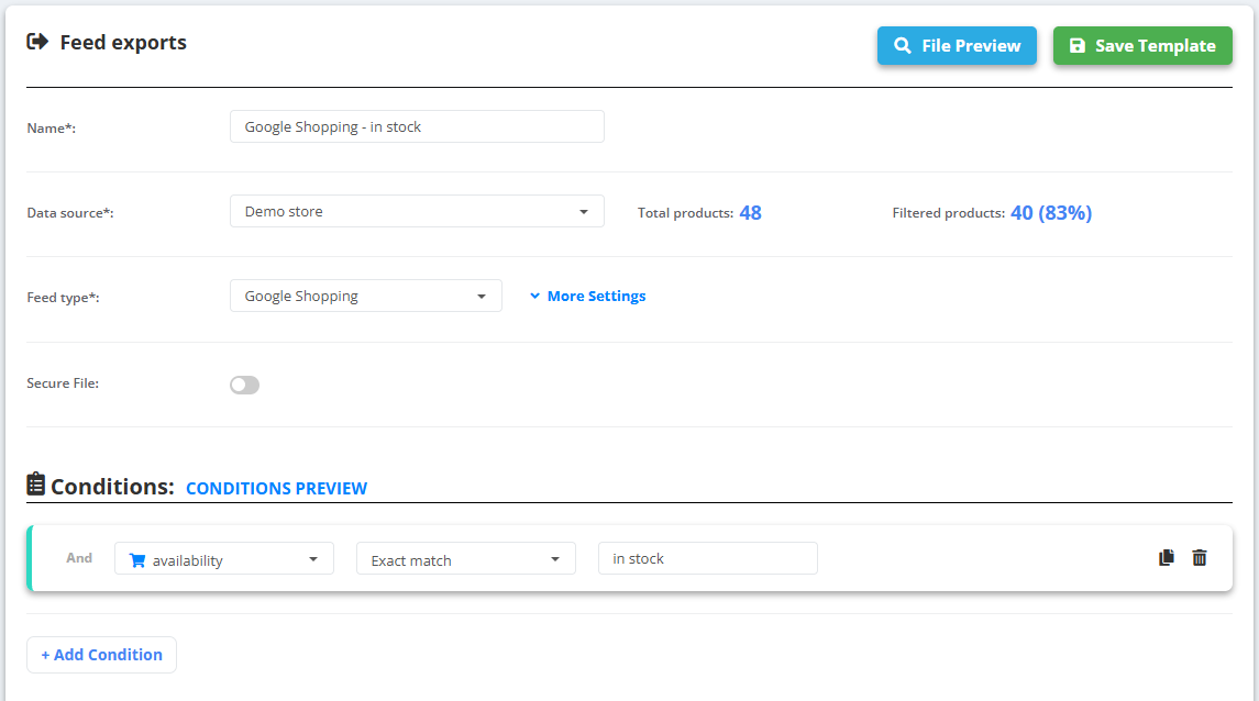 Feed export “Google Shopping - in stock”: data source Demo store, feed type Google Shopping, condition availability Exact match in stock; Total products 48, Filtered products 40 (83%)