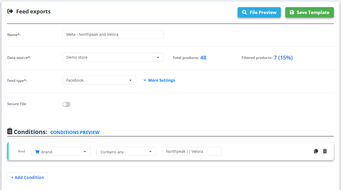 Feed export “Meta - Northpeak and Velora”: data source Demo store, feed type Facebook, condition brand Contains any Northpeak || Velora; Total products 48, Filtered products 7 (15%)