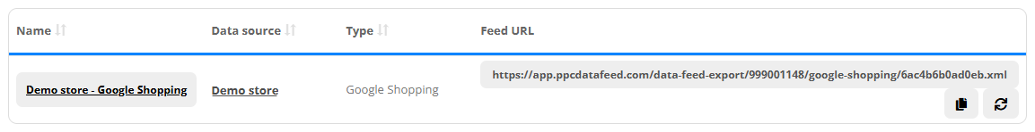 Feed Exports list: the export “Demo store - Google Shopping” of the data source Demo store, type Google Shopping, with its Feed URL https://app.ppcdatafeed.com/data-feed-export/…/google-shopping/….xml and the copy and refresh buttons under it