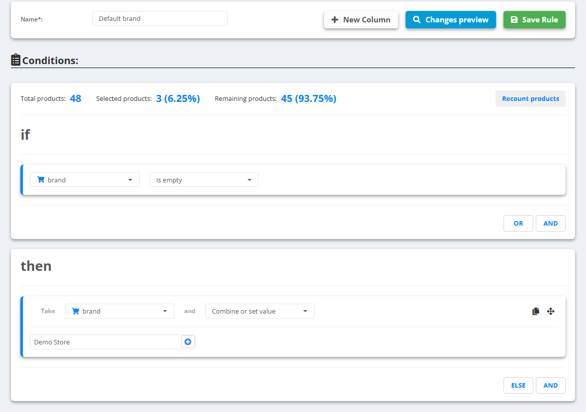 Rule “Default brand”: if brand Is empty (3 of 48 products), then Take brand and Combine or set value - Demo Store