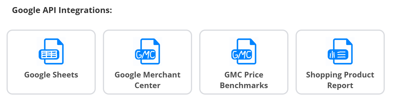 The Google API Integrations group in the Create a new data source dialog: Google Sheets, Google Merchant Center, GMC Price Benchmarks and Shopping Product Report