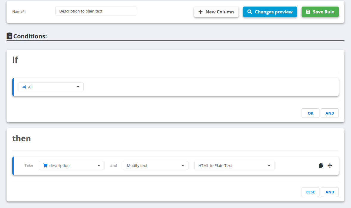 Rule “Description to plain text”: if All, then Take description and Modify text - HTML to Plain Text