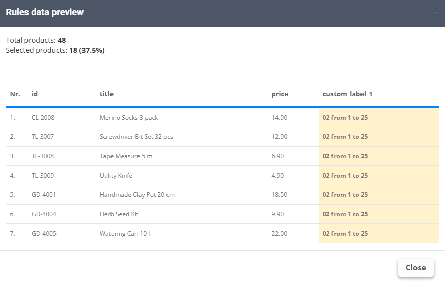 Changes preview: products priced from 4.90 to 22.00 get custom_label_1 “02 from 1 to 25”