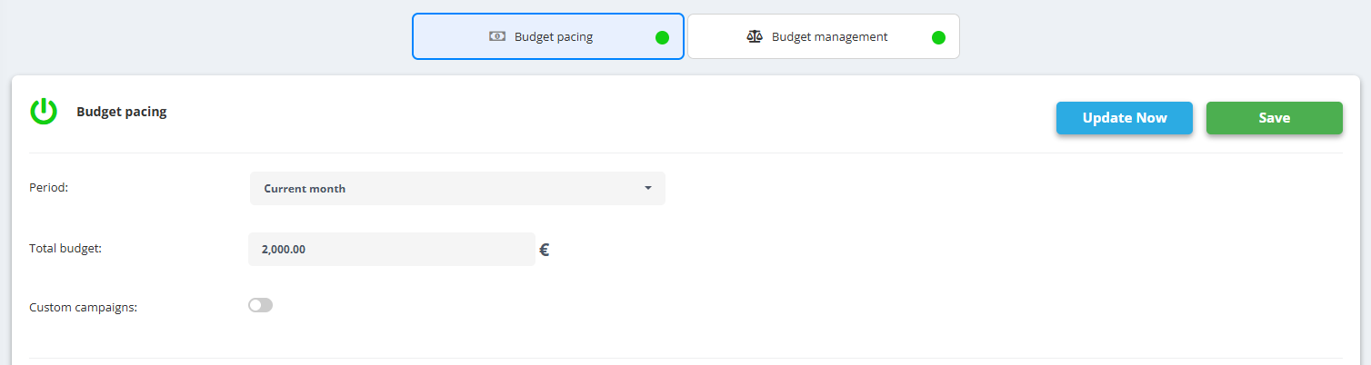 Optimization & Automation Tool, one account: the Budget pacing and Budget management tabs; Budget pacing - Period Current month, Total budget 2,000.00 €, Custom campaigns switch, Update Now and Save