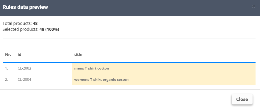 Changes preview: “mens tshirt NEW!!! cotton” is now “mens T-shirt cotton”, “womens tshirt NEW!!! organic cotton” is now “womens T-shirt organic cotton”