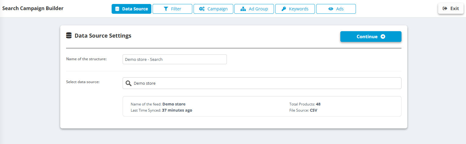 Search Campaign Builder, step Data Source of Data Source, Filter, Campaign, Ad Group, Keywords and Ads: structure name Demo store - Search, the data source Demo store found by search - 48 products, CSV, synced 37 minutes ago - and Continue
