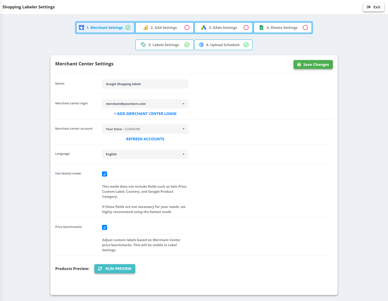 Shopping Labeler - 1. Merchant Settings: template name, Merchant Center login and account, language English, Use fastest mode and Price benchmarks ticked, Run preview