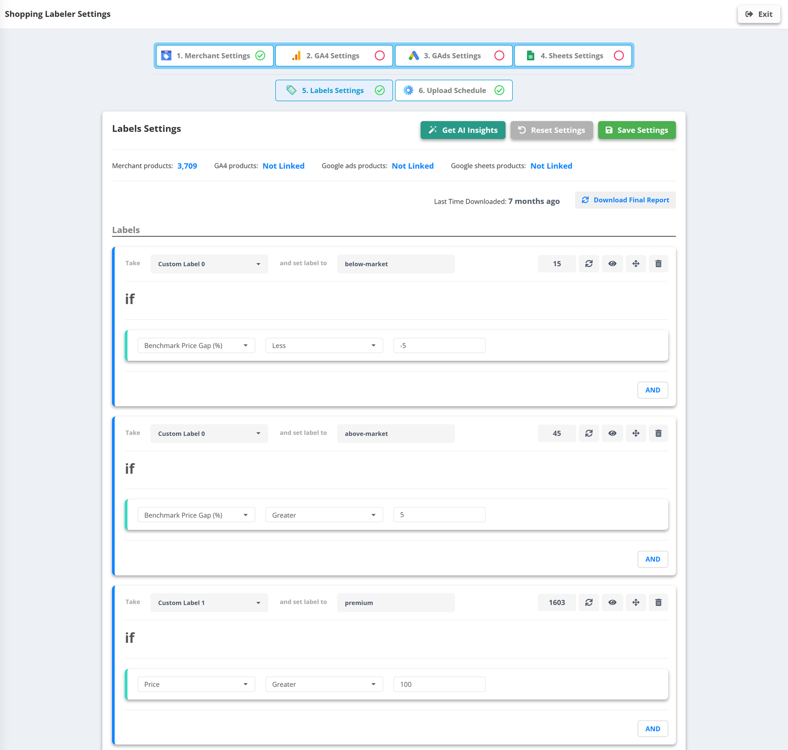 Labels Settings: 3,709 Merchant products, GA4 / Google Ads / Sheets not linked; three label rules with the number of matching products - Custom Label 0 = below-market if Benchmark Price Gap (%) Less -5 (15 products), Custom Label 0 = above-market if Benchmark Price Gap (%) Greater 5 (45), Custom Label 1 = premium if Price Greater 100 (1,603); Get AI Insights, Save Settings
