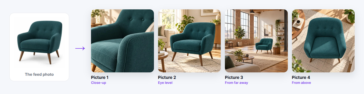One product photo of a teal mid-century armchair and four pictures drawn from it: Picture 1 Close-up, Picture 2 Eye level, Picture 3 From far away, Picture 4 From above