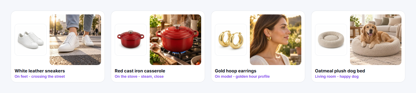 Four products from the prompt library, each with its product photo on white next to the lifestyle picture drawn from it: white leather sneakers on feet crossing the street, a red cast iron casserole on a gas stove, gold hoop earrings on a model at golden hour, an oatmeal plush dog bed with a happy dog in a living room