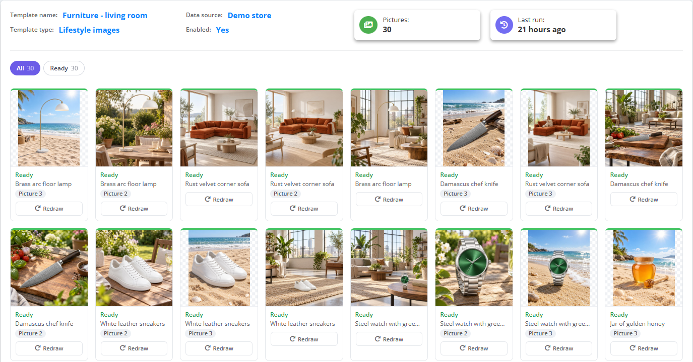 The Images tab of the template “Furniture - living room” on Demo store: Pictures 30, all Ready; cards of a brass arc floor lamp on a beach and in a garden, a rust velvet corner sofa in living rooms, a chef knife, white sneakers, a steel watch, a jar of honey, headphones, building blocks and a pet bowl set, each with Picture 2 or 3 and a Redraw button
