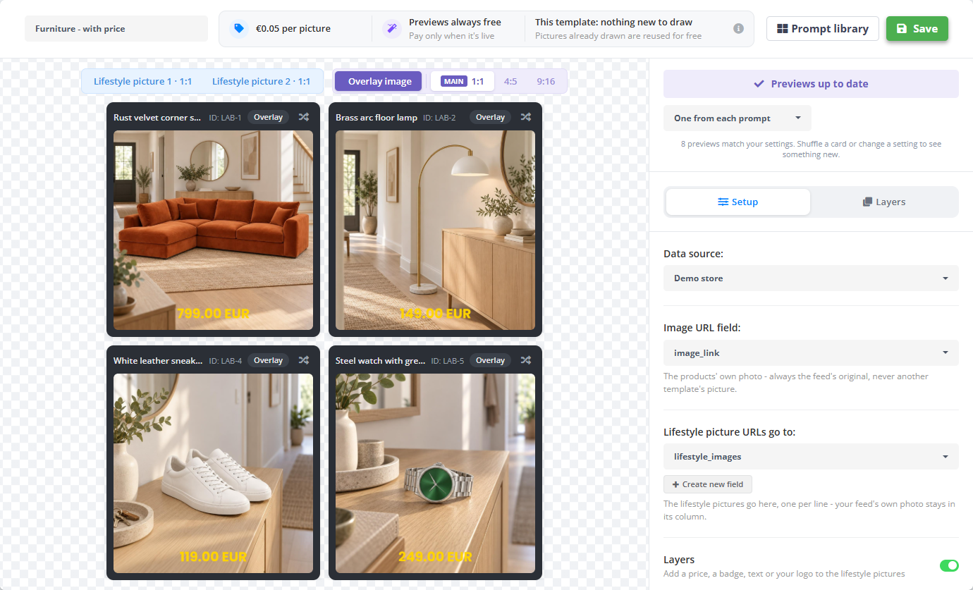 Lifestyle images template “Furniture - with price” with Layers switched on: the Overlay image tab shows four products in a hallway - a rust velvet corner sofa 799.00 EUR, a brass arc floor lamp 149.00 EUR, white leather sneakers 119.00 EUR and a steel watch 249.00 EUR - with the price drawn on each picture