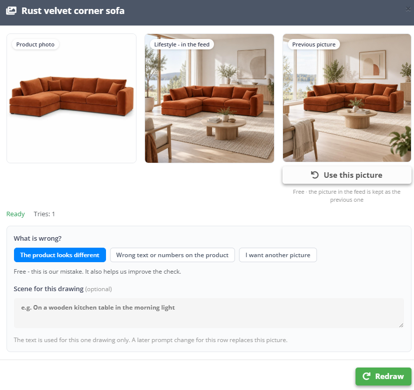 Compare window of the Rust velvet corner sofa: Product photo, Lifestyle - in the feed and Previous picture with Use this picture; What is wrong? with The product looks different selected - Free, this is our mistake; Wrong text or numbers on the product; I want another picture; Scene for this drawing (optional) and the Redraw button