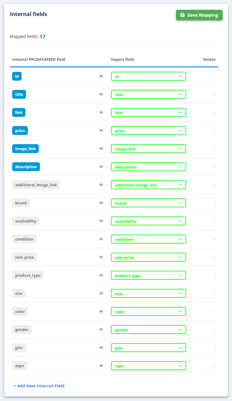 Mapping tab of the Demo store source: 17 mapped fields - the internal fields id, title, link, price, image_link, description, additional_image_link, brand, availability, condition, sale_price, product_type, size, color, gender, gtin and mpn, each matched to the import field of the same name