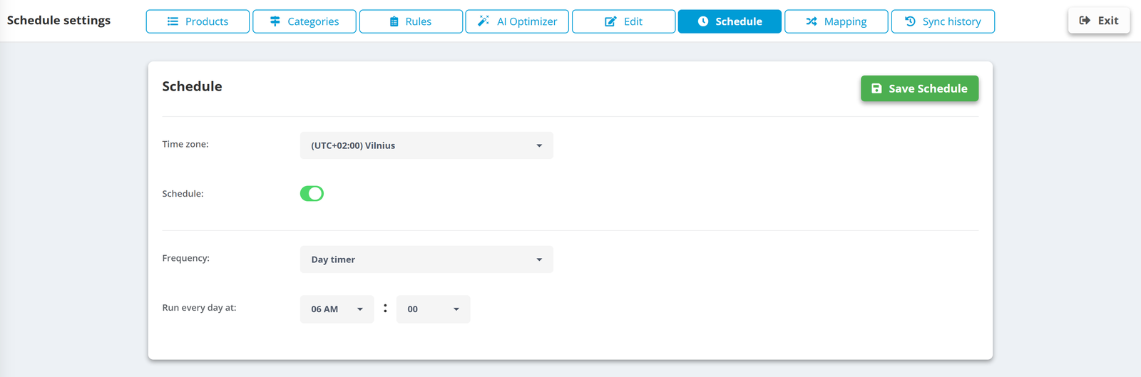 Schedule tab: time zone (UTC+02:00) Vilnius, schedule switched on, frequency Day timer, run every day at 06:00