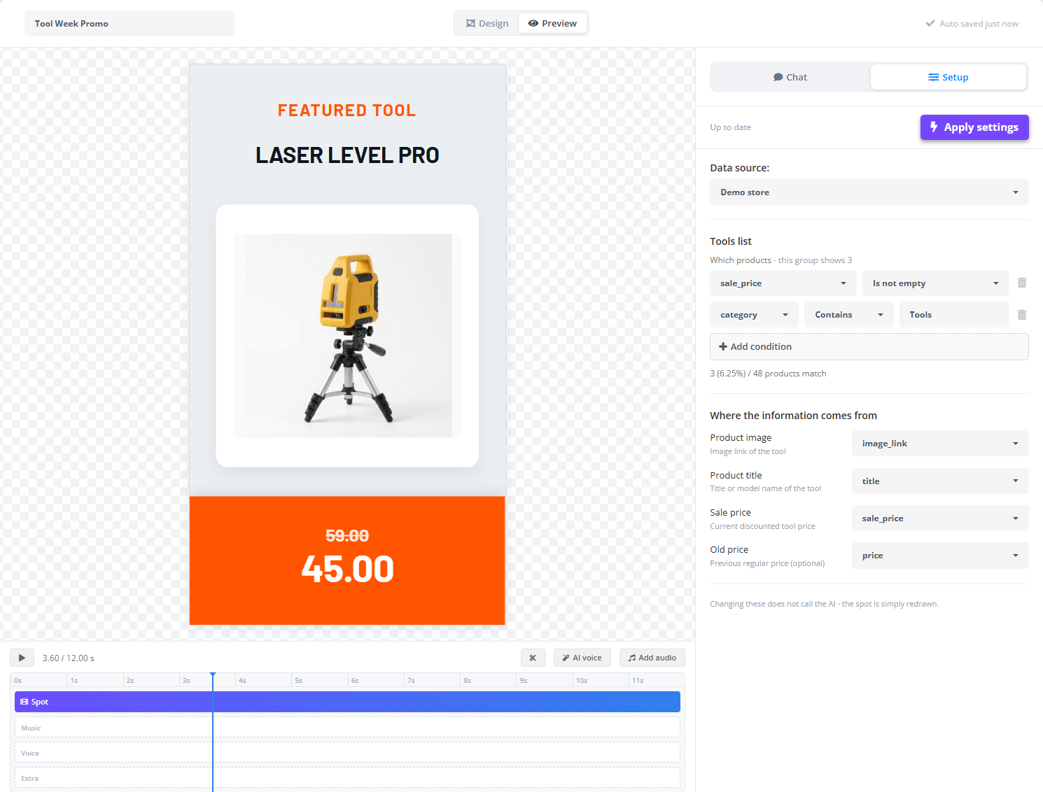 Setup tab of the video template “Tool Week Promo”: data source Demo store; group Tools list - Which products, this group shows 3 - with the conditions sale_price Is not empty and category Contains Tools, “3 (6.25%) / 48 products match”; Where the information comes from - Product image ← image_link, Product title ← title, Sale price ← sale_price, Old price ← price; Up to date and Apply settings at the top; the preview shows the Laser Level Pro at 45.00 instead of 59.00
