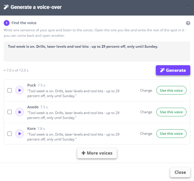 Generate a voice-over - Find the voice: the sentence “Tool week is on. Drills, laser levels and tool kits - up to 29 percent off, only until Sunday.”, the estimate ≈ 7.0 s of 12.0 s, Generate, and three takes - Puck 7.5 s, Aoede 7.5 s, Kore 7.8 s - each with play, Change and Use this voice; More voices below