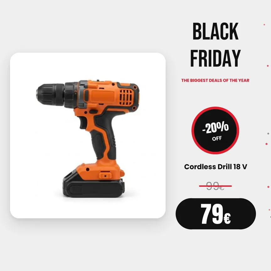 A minimal black, white and red Black Friday cordless drill creative