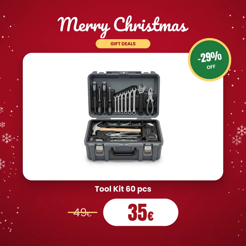 A red Christmas tool kit creative with a -29% badge and the sale price
