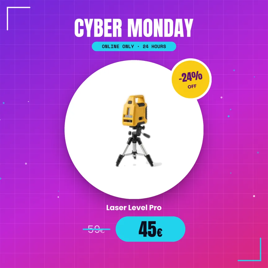 A purple and magenta Cyber Monday laser level creative with the product in a white circle