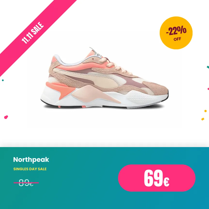 A Singles Day sneaker creative with a pink corner ribbon and a teal price band