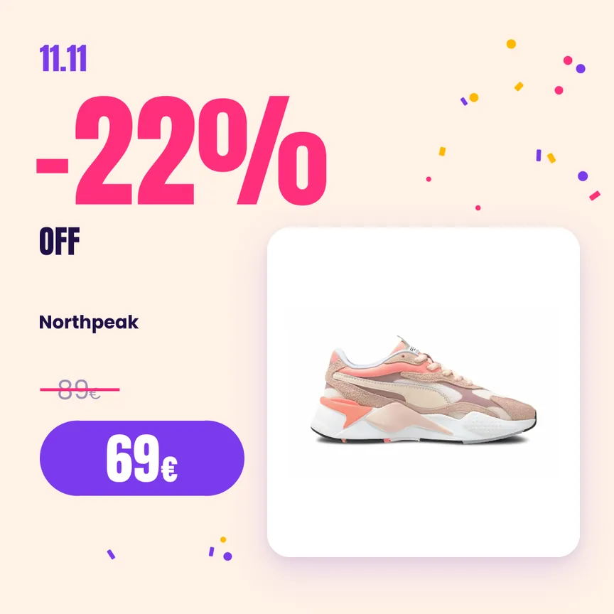 A Singles Day sneaker creative with a huge -22% headline, the old price struck through and the sale price