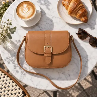 Tan leather crossbody bag - Cafe table - from above