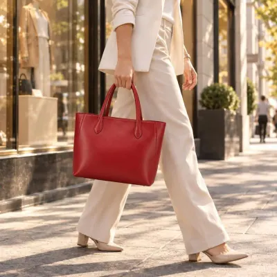 Red leather tote bag - In hand - city shopping