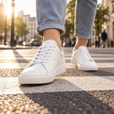 White leather sneakers - On feet - crossing the street