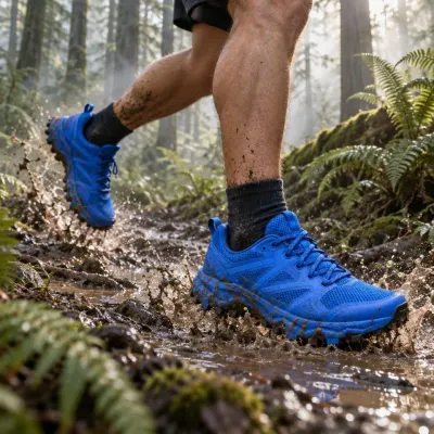 Blue trail running shoes - Muddy trail - in use
