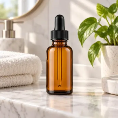 Amber serum bottle - Bathroom shelf - morning