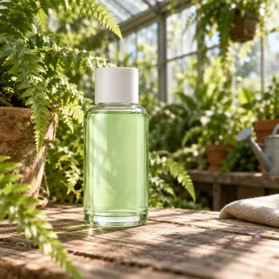 Green facial toner bottle - Greenhouse - from the side
